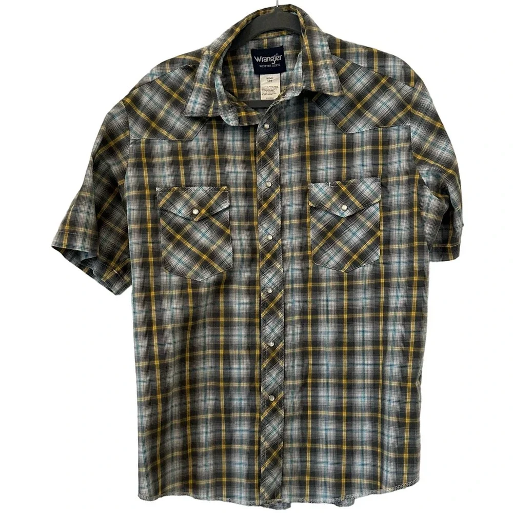Wrangler Mens Western Short Sleeve Plaid Pearl Snap Shirt - Picture 1 of 2